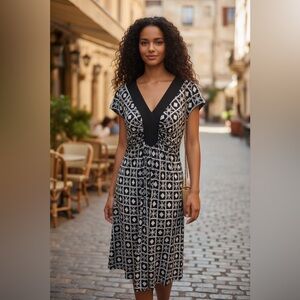 Maggy London Black White Geometric V Neck Dress Size 10 NWT